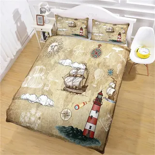 Maritim Bettwäsche 135x200 Bettwäsche Maritim Jungen Bettwäsche Bettwäsche mit Anker Leuchtturm Kinder Mädchen Bettwäsche Set + 1 Kissenbezüge 80x80cm,Atmungsaktiv & Waschbar