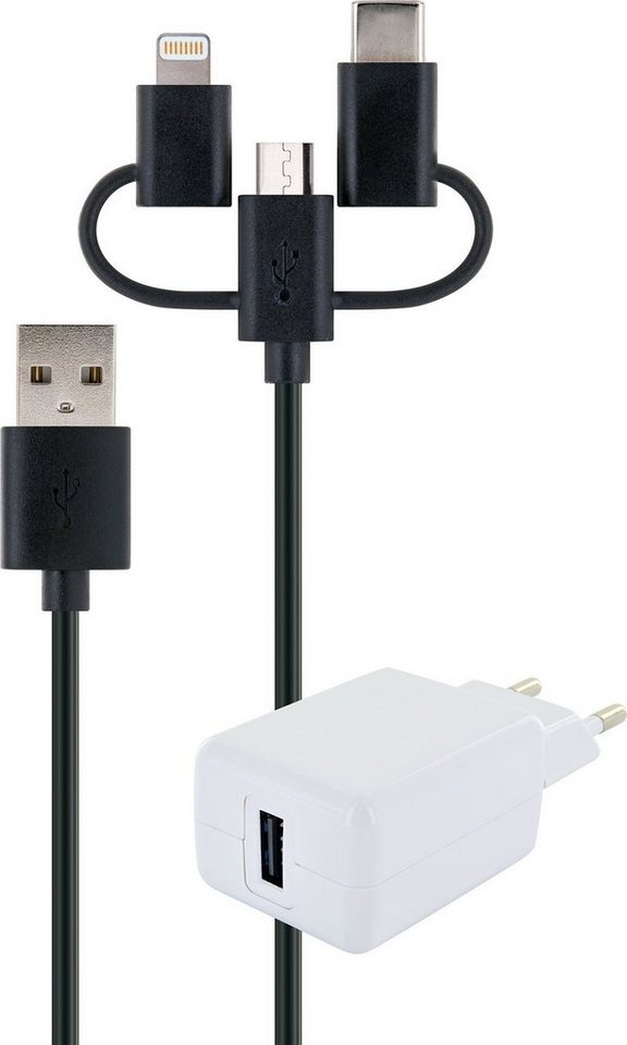 Schwaiger LSET1100 513 Smartphone-Kabel, USB 2.0 A Stecker, USB Micro B Stecker, Apple® Lightning Adapter, USB 3.1 C Adapter, (100 cm), inklusive Ladeadapter schwarz|weiß