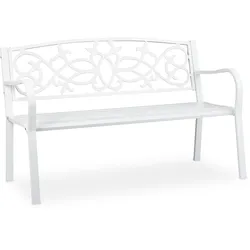 Relaxdays Gartenbank, nostalgisch, 2 Sitzer, wetterfest, Gusseisen & Stahl, Premium Sitzbank, HBT: 78x124,5x58 cm, weiß