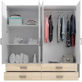 SchlafKONTOR Kleiderschrank mit Spiegel", Weiß, Sonoma eiche Holzwerkstoff, 2 Fächer, 4 Schubladen, 180x190x51 cm (B/H/T)