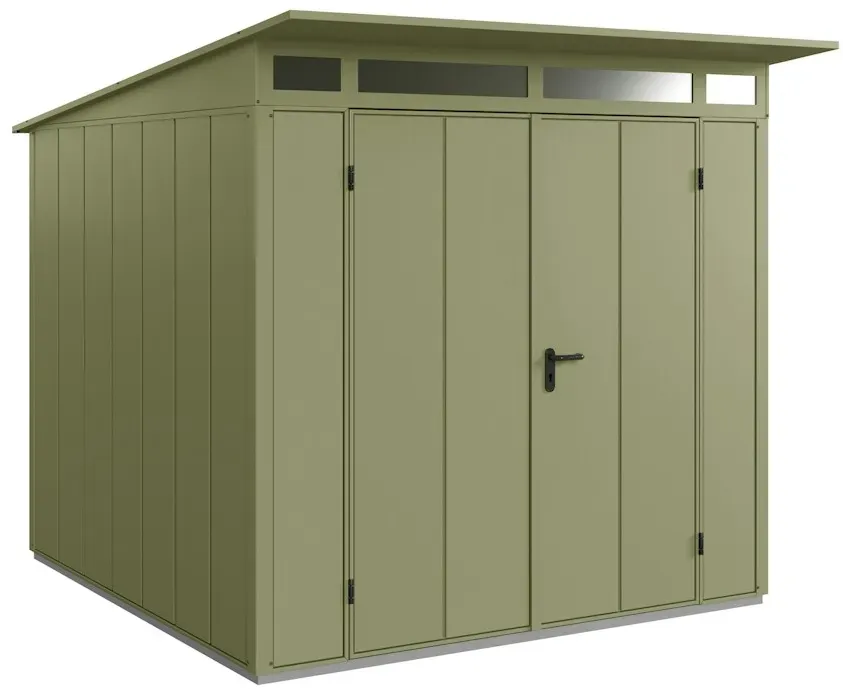 Hörmann Metall-Gerätehaus Berry mit Pultdach B 238 x T 238 cm (Typ 2), Motiv Modern (mit breiten Lamellen), Doppeltür, Schilfgrün (RAL 6013)