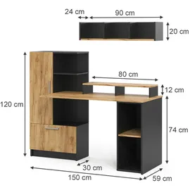 Vicco Schreibtisch Tomy, Anthrazit/Goldkraft Eiche, 150 x 59 cm 4er Set, Vicco