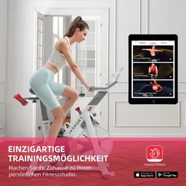 JASPORT Smart Indoor Speedbike S3 leise Heimtrainer, Magnetbremssystem, App mit Trainingskursen, Kinomap & Zwift kompatibel inkl. Pulsgurt | Schwarz/Weiß