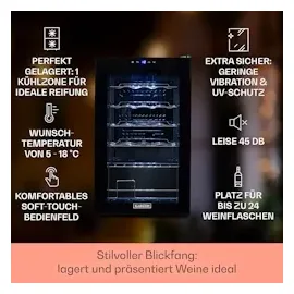 Klarstein Shiraz 24 Uno Weinkühlschrank 1 Zonen Getränkekühlschrank Klein, Kleiner Weinschrank 63L, Wein-Kühlschrank Klein mit Glastür, Indoor/Outdoor