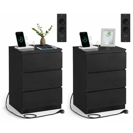 VASAGLE Nachttisch 2er Set, 2 USB-Anschlüsse modern, ebenholzschwarz