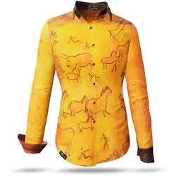 Extravagante orangene Bluse CAVEMAN mit Höhlenmalerein