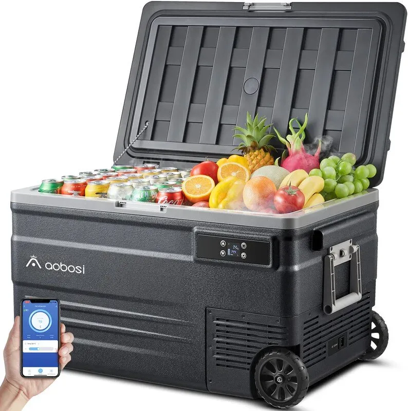AOBOSI 74L Kompressor Kühlbox Auto mit APP-Steuerung, Dual Zone Kühlbox mit Rädern & LED-Beleuchtung, -20°C bis 20°C Elektrische Kühlbox 12/24V & 100-240V für Camping, LKW, Boot & Reisen