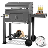 Holzkohlegrill, Grillwagen XXL, Holzkohlegrill mit Deckel, Rädern, Thermometer und Höhenverstellbarer Holzkohleschale, Holzkohle Grillwagen, BBQ Smoker Grill, 124x56x140cm Kohle Grill für Grillparty