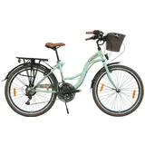 LUCHS 28" Zoll Feline Hollandrad MIT RATTANKORB – Hollandrad, Cityrad mit 21 Gängen & Rattankorb, Damenfahrrad/Cityrad/Holland 50cm Rahmenhöhe // Minzgrün