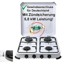 Campingkocher Gaskocher 4-flammig mit Zündsicherung | inkl. Gasschlauch und Gasregler mit 360°-Manometer Gas Füllstandsanzeige und Schlauchbruchsicherung | Propangas Kochfeld 2 3