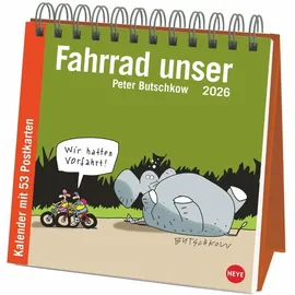 Heye Peter Butschkow: Fahrrad unser Premium-Postkartenkalender 2026: Kleiner Kalender zum Aufstellen mit wöchentlichem Cartoon als Postkarte zum Sammeln und Verschicken. (Postkartenkalender Heye)
