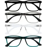 OPULIZE NYX Blaulichtfilter Lesebrille für Damen Herren - Blendfreie UV400-Schutz Federscharnier Anti-Müdigkeit - 4er-Pack - Rechteckiger Rahmen - Schwarz Grau Klar Türkis - + 1,00