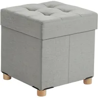 Relaxdays Hocker mit Stauraum, gepolstert, HxBxT: 38 x 38 x38 cm, Leinenoptik, Holzbeine, eckiger Sitzhocker, hellgrau