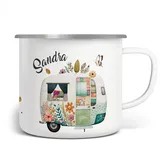 miKalino Emaille Tasse Emaille Tasse mit Wohnwagen-Design, Personalisierte Camping Kaffeetasse, Vintage Camper Becher, Geschenk für Camper mit Namen mit Namen - Tasse bedruckt,