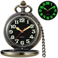 Tiong Silber/Schwarz/Bronze, transparente Abdeckung, Quarz-Taschenuhr, leuchtendes Zifferblatt, Edelstahl, Taschenuhr, Geschenk für Herren, mit Kette, 65-Bronze, Klassisch