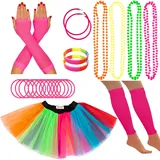 80er Jahre Kostüm Neon Zubehör Tutu Party Kostüm Erwachsene Beinwärmer Fischnetz Handschuhe 1980er Stil Halskette Perlen Neon Hoop Ohrringe Gummy Armbänder Damen Junggesellinnenabschied