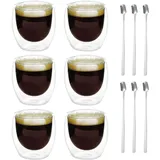 Leikurvo Latte Macchiato Gläser Doppelwandig Espressotassen Set: 6 x 80ml Doppelwandige Gläser mit 6 Löffeln, Cappuccino Tassen Kaffeegläser Kaffeetassen Eiskaffee Glas Thermogläser Kaffeebecher