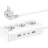 JSVER Steckdosenleiste 3 Fach mit PD20W Schnellladen, Mehrfachsteckdose Wandmontage(3680W) Steckerleiste mit 2 USB A& 2 USB C mit 1,5M Kabel für Smartphones, Laptop, iPAD-Weiß