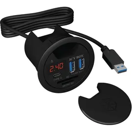 Icy Box 60124 USB Tisch Hub zum Einbau, 60 mm, USB 3 Hub, USB-C, Ladefunktion, Kartenleser, Display mit Netzteil