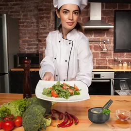 Relaxdays Granit Mörser mit Stößel, robust & langlebig, Gewürze, Kräuter, polierter Steinmörser, Ø 16 cm, 400 ml, grau