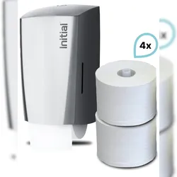 SET: Toilettenpapierspender Reflection KOMPAKT, Doppelrollenspender, Edelstahl +  4 Toilettenpapierrollen, Rentokil INITIAL