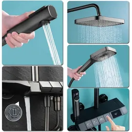 XIIW Duschsystem Schwarz,Edelstahl Duschgarnitur mit Armatur und 3 Strahlarten Duschkopf, 86-120cm Duschsäule Duschset mit Handbrause