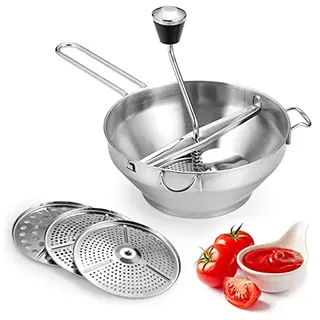 Edelstahl Passiergerät, Manuelle Passiermühle mit 3 Siebeinlagen Rotationsmühle Lebensmittelmühle Marmeladenpresse Gemüse Obst Kartoffel Knoblauchpresse