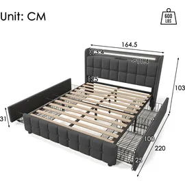 Flieks Polsterbett 160x200cm mit USB und Steckdosen, Jugendbett Doppelbett mit 4 Schubladen, Stauraumbett Massivholzbett mit LED und Lattenrost, Le... - Grau