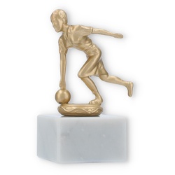 Pokal Metallfigur Kegeln Damen goldmetallic auf weißem Marmorsockel 13,6cm