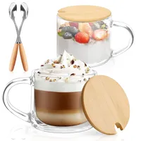 Anhow 2er Cappuccino Tassen, 350ml Latte Macchiato Gläser mit Deckel und Löffel Gläser Geriffelt Espresso Tassen Set Kaffeegläser für Latte/Cappuccino/Getränke/Tee/Kaffee - Transparent
