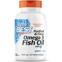 Doctor's Best, Purified & Clear Omega-3 Fish Oil (Fischöl), 1.000mg, mit den Omega-3-Fettsäuren DHA und EPA, 120 Kapseln, Laborgeprüft, Glutenfrei, Sojafrei