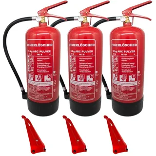 3 x 6kg Pulverlöscher, Feuerlöscher, Autolöscher, ABC Pulver, Pulver Feuerlöscher inkl. Halterung und Prüfschild