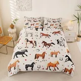 Homemissing Pferde Bettwäsche Set 135x200cm Kinder Jungen Mädchen Cartoon Pferde Drucken Bettbezug mit Reißverschluss Wild Tiere Muster Niedlich mit 1 Kissenbezug Kawaii Horse Bettwäsche-Set