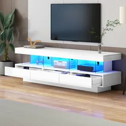 Merax 160 cm weißer Hochglanz-TV-Schrank mit 3 Glasfächern, LED-Beleuchtung, App-Steuerung, Bluetooth-verbunden, für 70-Zoll-TV