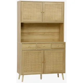 sweeek Küchenschrank Holz-Optik und Rohrgeflecht 4 Türen 3 Schubladen, l 110 cm,