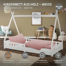 Kinderbett Tipi Rausfallschutz Holzbett Hausbett Kiefernholz Weiß 90x200 cm