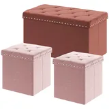 YITAHOME Sitzbank mit Stauraum Faltbare 76x38x40cm+38x38x40cmx2 in Samt Rosa - Sitzwürfel mit Stauraum und Deckel mit Samtbezug - Sitzcube Fußablage klappbare Aufbewahrungsbox Truhe Hocker