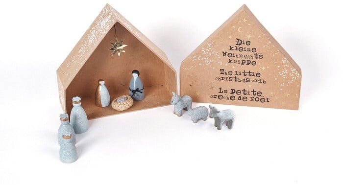 Kleine Weihnachtskrippe Good old friends grau, Designer Sarah Baumann, 21x19x7 cm