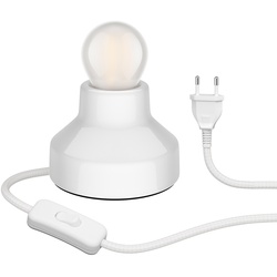 ledscom.de E27 Porzellan Tischlampe TIX, rund Stecker Schalter, weiß, 90mm + E27 frosted 477lm warmweiß