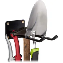 Relaxdays Gerätehalter Wandhalterung, Doppelhaken, Besenhalter, Spatenhalter zum Anschrauben, Wand, Stahl, 24cm, schwarz,