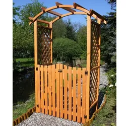 Pergola Bausatz Jakutsk - 132 x 70 x 206 cm - Farbe: Honigbraun - Pergola (Bausatz) mit Rankspalier und Türen aus Fichtenholz