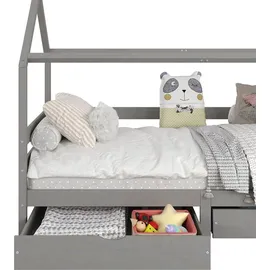 Idimex Hausbett CLIA Montessori aus massiver Kiefer, Kinderbett mit Dach, Tipi Bett mit 2 Schubladen in grau