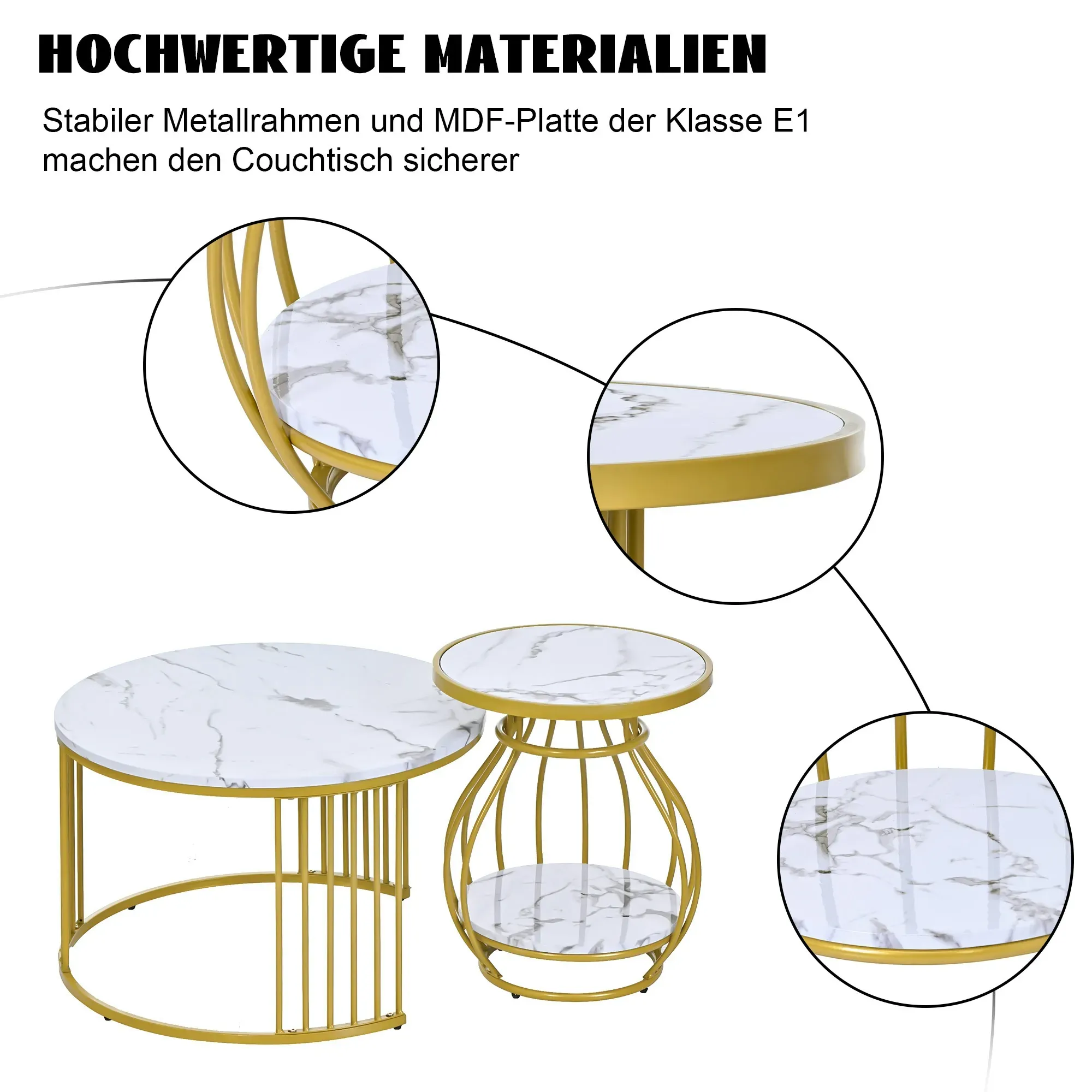 Merax Couchtisch 2er Set Rund Tisch Wohnzimmer Rund mit Metallgestell Beistelltisch Weiss Modern Satztische, Weiß Gold Marmor Optik