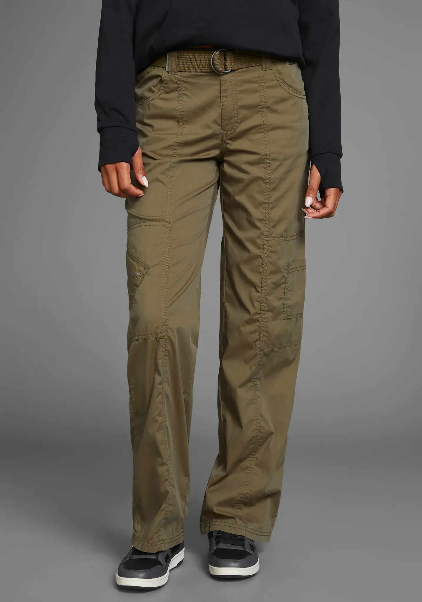 Cargohose KANGAROOS, Damen, Gr. 48, N-Gr, grün (dunkelgrün), Web, Obermaterial: 50% Baumwolle, 46% Polyamid, 4% Elasthan, kontrastfarbene Details, unifarben, bequem bodenlang, Hosen Cargohose, mit besonderem Taschen-Design, Topseller