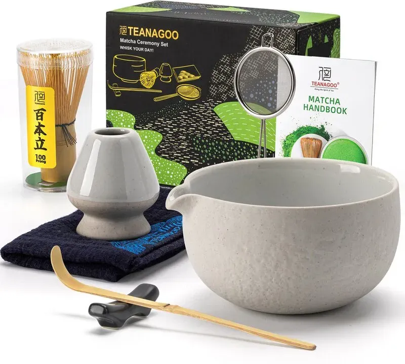 TEANAGOO Matcha-Besen, 7-teiliges Matcha-Set Hellgrau, Matcha-Kit für Zeremonie, Matcha-Teeset für die Zubereitung von Frühstück/Latte, Matcha-Besen-Set und Schale mit allem Zubehör, Geschenk für Matcha-Liebhaber/Freunde/Familie, Neujahrsangebot, Top-Geschenkempfehlungen