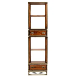 Casa Padrino Luxus Vintage Stil Regalschrank Braun / Messing 52,5 x 35 x H. 200,5 cm - Vintage Stil Bücherschrank mit 2 Schubladen - Luxus Wohnzimmer Massivholz Möbel im Vintage Stil