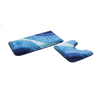 S&S-Shop Badematte Set | Blau | Wave | mit Ausschnitt | 2 teilig | rutschfest | WC-Vorleger 50 x 45 cm | Badvorleger 50 x 90 cm | Badteppich | Teppich | Bad | Badezimmer