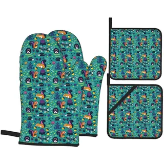 Ofenhandschuhe, Motiv: Verrückte Eichhörnchen mit Nüssen, Ofenhandschuhe und Topflappen, 4-teiliges Set für die Küche, hitzebeständige Mikrowellenhandschuhe zum Backen, Kochen, Grillen