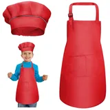 kissral Kinder Schürze und Kochmütze Set, Verstellbare Kinder Kochschürze Kinderschürze zum Bemalen Schürze Küchenschürze Bastelschürzen mit Taschen zum Kochen Backen Malen 4-12 Jahre alt L (Rot) - Medium