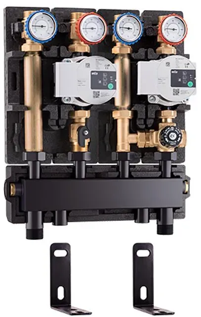 Barberi Set bestehend aus Verteiler mir integrierter hydraulischer Weiche, direkter Pumpenstation und thermostatischer Festwertgruppe. Umkehrbar – DN
